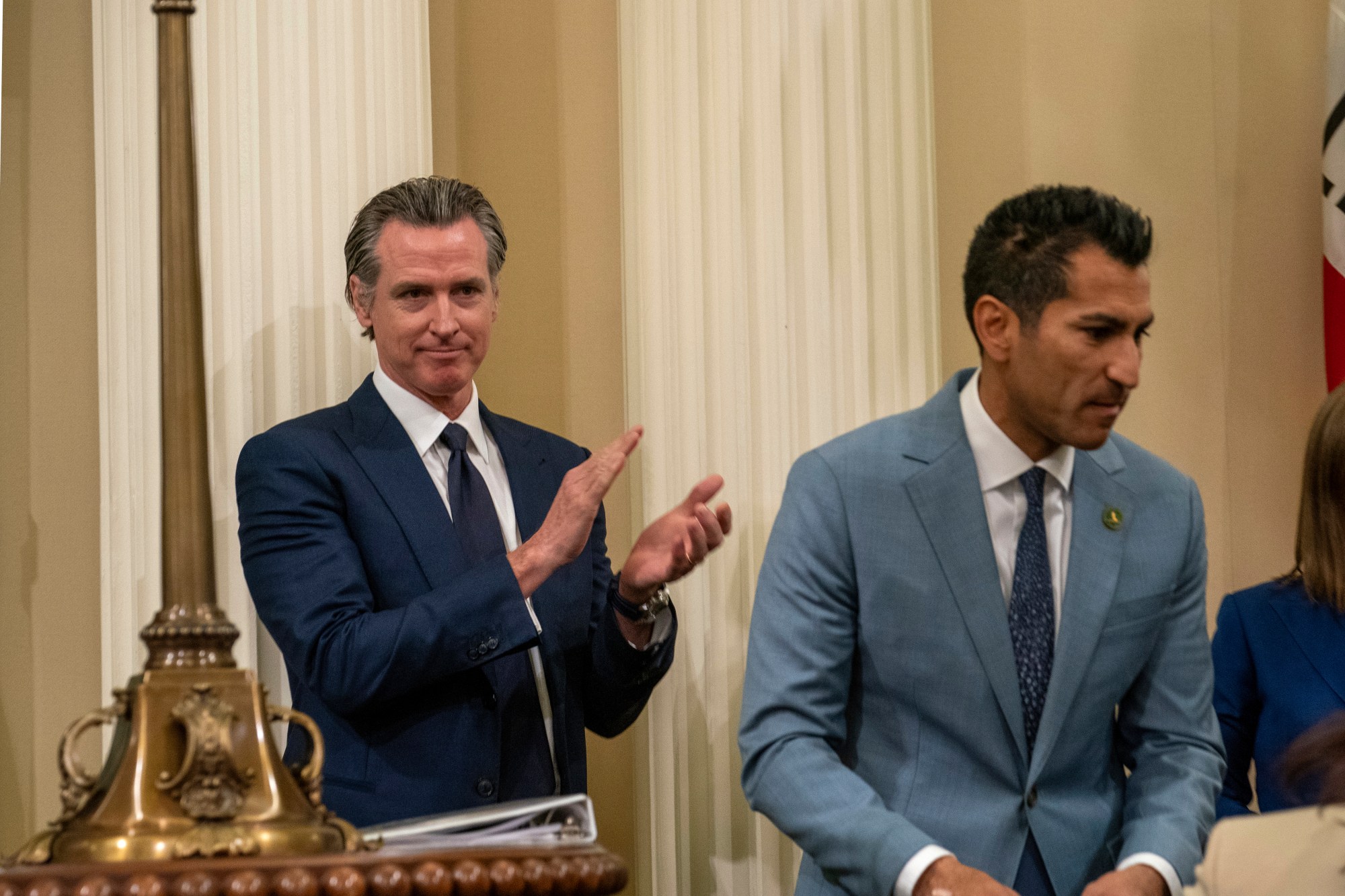 California Gov. Gavin Newsom, left, applauds newly sworn-in California Assembly Speaker Robert Rivas, D-Hollister, at the Capitol in Sacramento, Calif., Friday , June 30, 2023. Rivas is replacing current Assembly Speaker Anthony Rendon, D-Lakewood, who has held the position since 2016. (AP Photo/Rich Pedroncelli)
