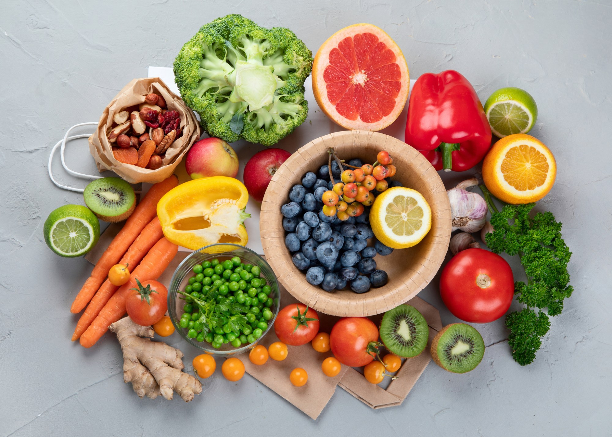 GettyImages-1270726834 Foods high in vitamin C. Food rich in antioxidant, fiber, carbohydrates. Boost immune system and brain; balances cholesterol; promotes healthy heart. (Getty Images)