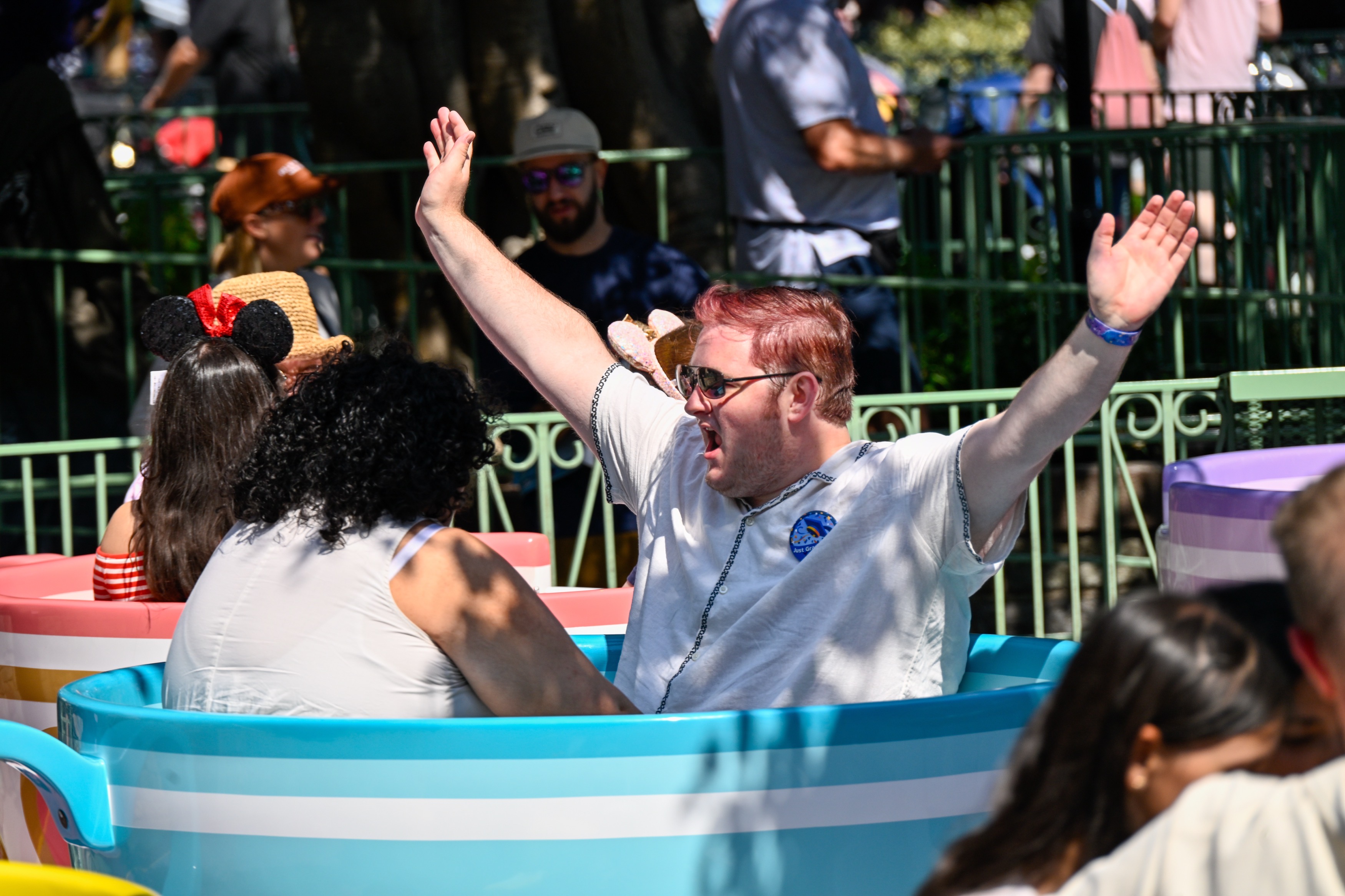A rider celebrates on Mad Tea Party during the 70th anniversary Disneyland on July 17, 2025, ￼ in Anaheim, CA. ￼ (Photo by Jeff Gritchen, Orange County Register/SCNG)
