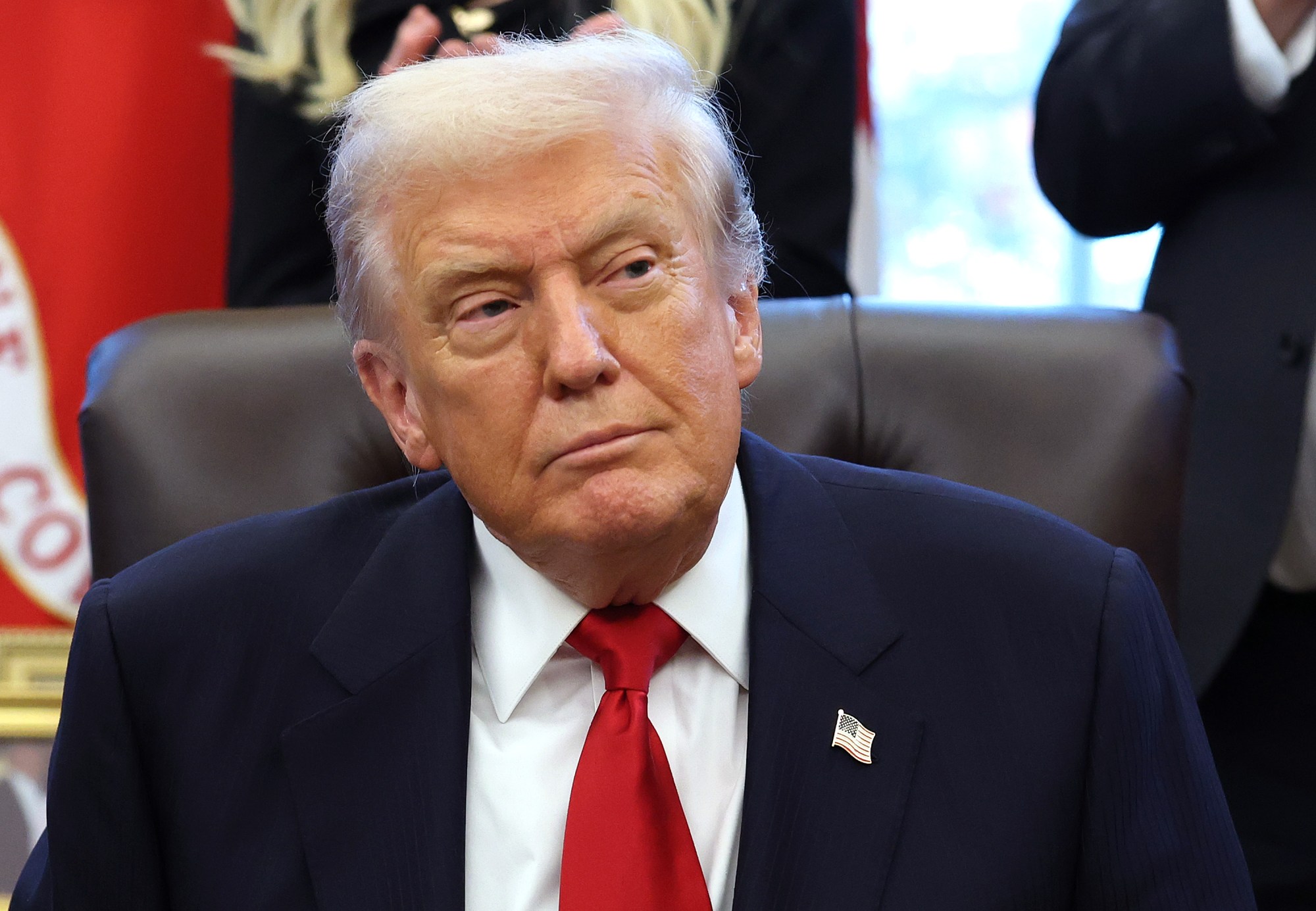President Donald Trump looks on during the swearing-in ceremony of U.S. Ambassador to India Sergio Gor in the Oval Office of the White House on November 10, 2025 in Washington, DC. (Photo by Anna Moneymaker/Getty Images)
