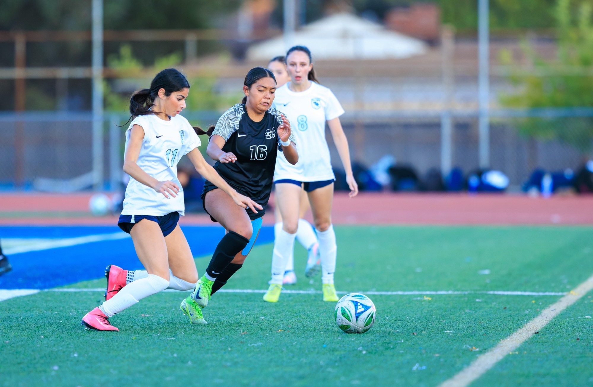 Muir junior Lizeth Gonzalez (No. 16 center) battles for a ball during a recent game. The Mustangs beat Crescenta Valley 2-1 on Wednesday, Jan. 7, 2026, to improve to 4-0 in the Pacific League. (Courtesy of Muir soccer)
