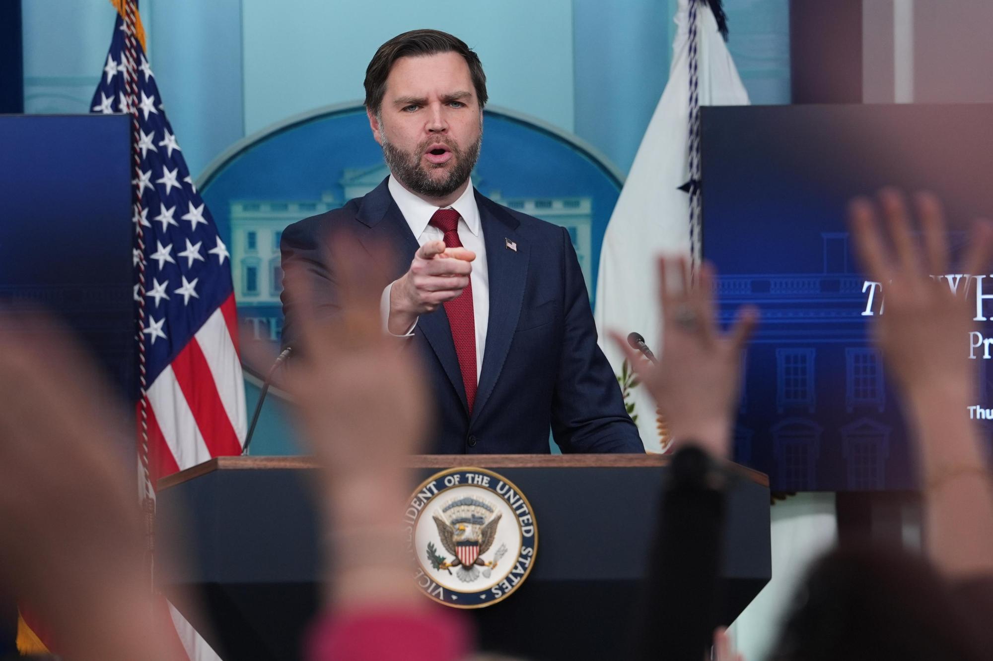 Vice President JD Vance speaks during a briefing at the White House, Thursday, Jan. 8, 2026, in Washington. (AP Photo/Evan Vucci)
